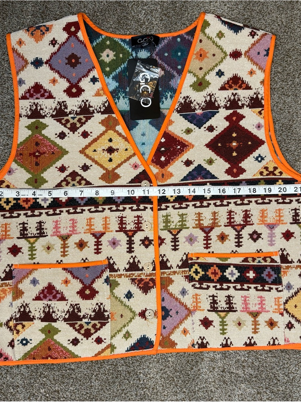Multicolor Geometric Knit Vest with Orange Trim - Picture 3 of 5